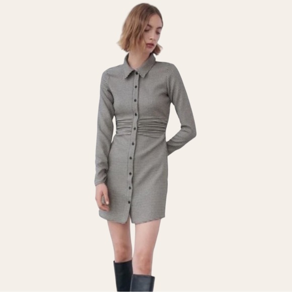 ZARA Ruched Houndstooth Button Front Mini Dress XS - Picture 2 of 9